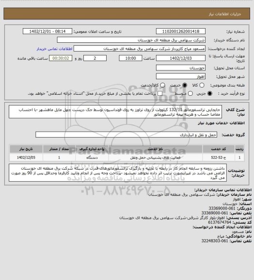 استعلام جابجایی ترانسفورماتور 132/11 کیلوولت از روی تراورز به روی فونداسیون توسط جک درپست چهل مایل ماهشهر -با احتساب مفاصا حساب و هزینه بیمه ترانسفورماتور