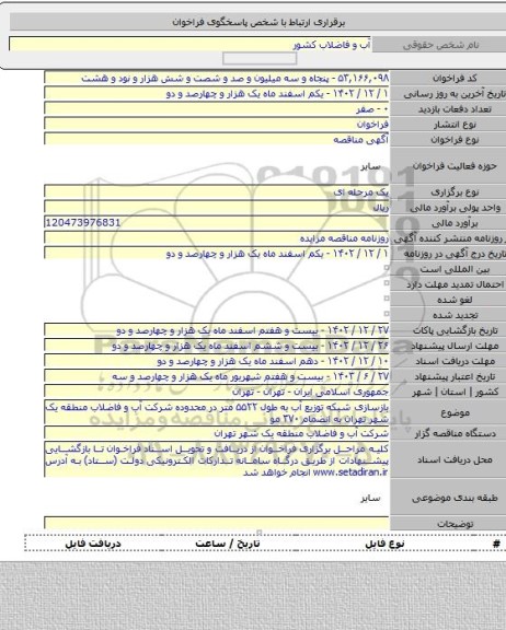 مناقصه, بازسازی شبکه توزیع آب به طول ۵۵۲۲ متر در محدوده شرکت آب و فاضلاب منطقه یک شهر تهران به انضمام ۳۷۰ مو