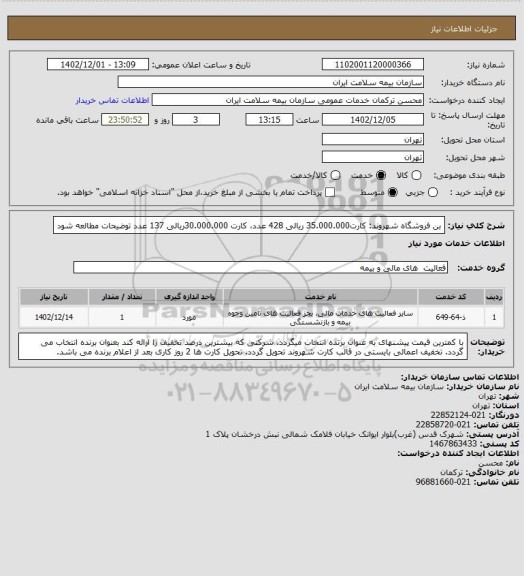 استعلام بن فروشگاه شهروند: کارت35.000.000 ریالی 428 عدد، کارت 30.000.000ریالی 137 عدد
توضیحات مطالعه شود