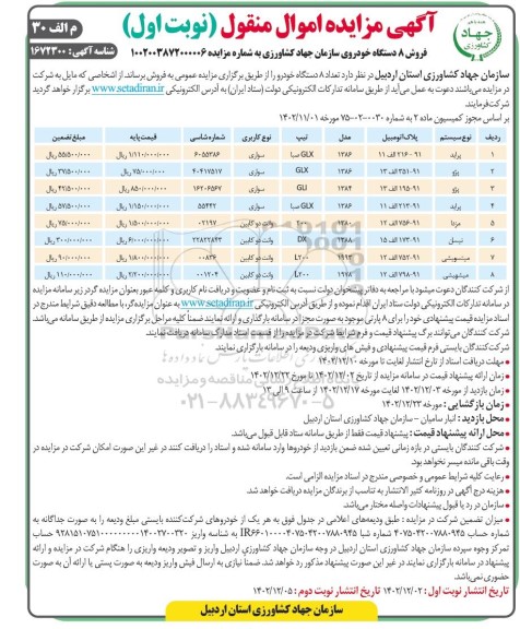 مزایده فروش تعداد 8 دستگاه خودرو شامل پراید، پژو، مزدا، نیسان، میتسوبیشی