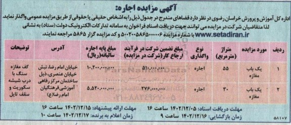مزایده واگذاری دو باب مغازه