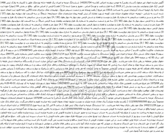 مزایده ششدانگ عرصه و اعیان یک قطعه خانه نوع ملک طلق با کاربری به پلاک ثبتی 1466 فرعی 