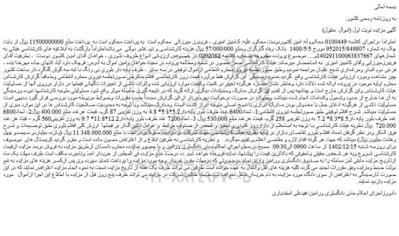 مزایده فروش :1- تعداد6400 عدد ظرف بلور پایه دار5.2*5.1* 4.8 به وزن تقریبی 87 گرم و...