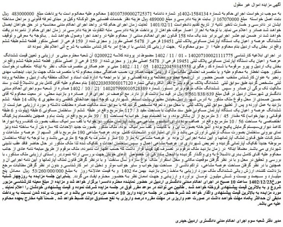 مزایده فروش ششدانگ عرصه و اعیان یک دستگاه آپارتمان مسکونی پلاک ثبتی 19451 فرعی از 5478 اصلی مفروز و مجزی شده از 159 فرعی از اصلی