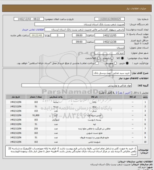 استعلام خرید سبد غذایی جهت پرسنل بانک