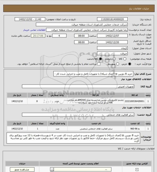 استعلام خرید 8 دوربین ip (اتصال شبکه) با تجهیزات کامل و نصب و اجرایی شدن کار -