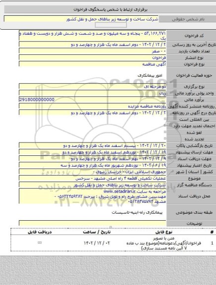 مناقصه, عملیات تکمیلی قطعه ۴ راه اصلی مشهد - سرخس
