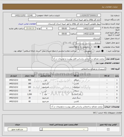 استعلام نیازمند مصالح ساختمانی براساس فایل پیوست و توضیحات در آن