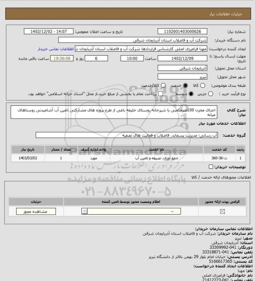 استعلام اجرای مخزن 100مترمکعبی با شیرخانه روستای خلیفه باغی از طرح پروژه های مشارکتی تامین آب آشامیدنی روستاهای میانه