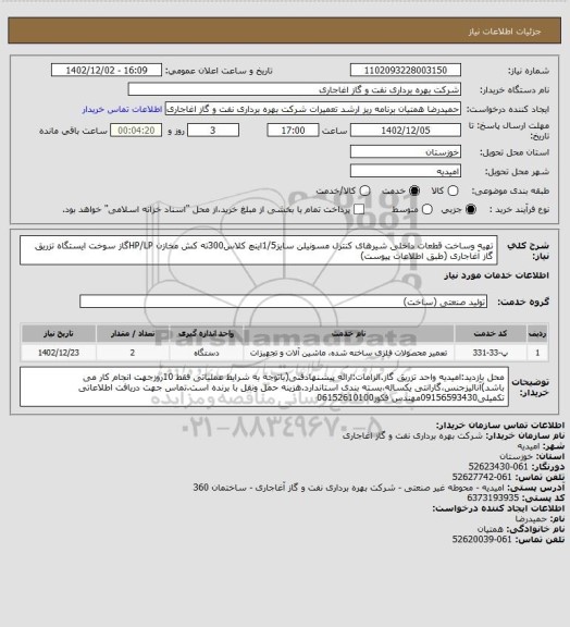 استعلام تهیه وساخت قطعات داخلی شیرهای کنترل مسونیلن سایز1/5اینچ کلاس300ته کش مخازن HP/LPگاز سوخت ایستگاه تزریق گاز آغاجاری (طبق اطلاعات پیوست)
