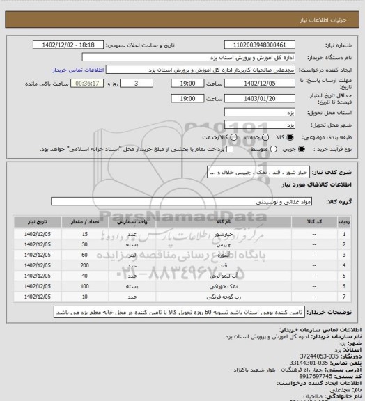 استعلام خیار شور ، قند ، نمک ، چیپس خلال و ...