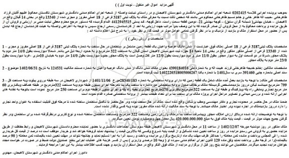 مزایده فروش شش دانگ عرصه واعیان یک قطعه زمین مشتمل بر ساختمان در حال ساخت به شماره پلاک ثبتی 3187 فرعی از 18 اصلی مفروز و مجزی شده از 13340 فرعی از اصلی 