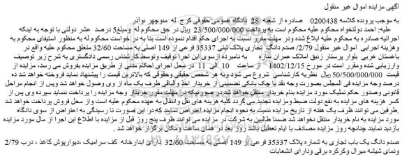 مزایده فروش 2/79/ صدم دانگ تجاری پلاک ثبتی 35337 فرعی از 149 اصلی به مساحت 32/60