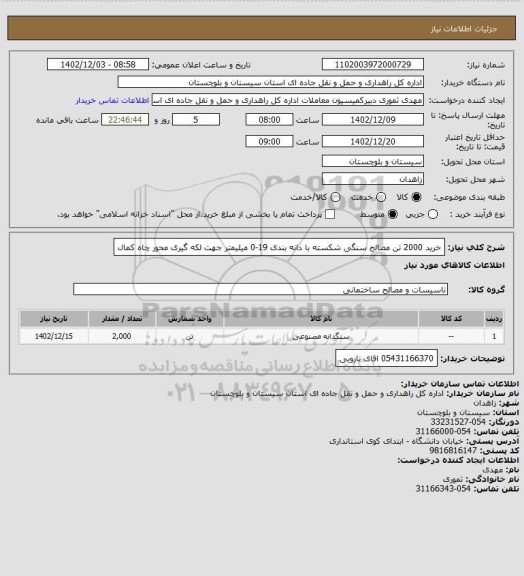 استعلام خرید 2000 تن مصالح سنگی شکسته با دانه بندی 19-0 میلیمتر جهت لکه گیری محور چاه کمال