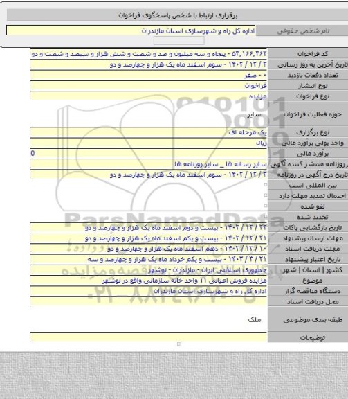 مزایده, مزایده فروش اعیانی ۱۱ واحد خانه سازمانی واقع در نوشهر