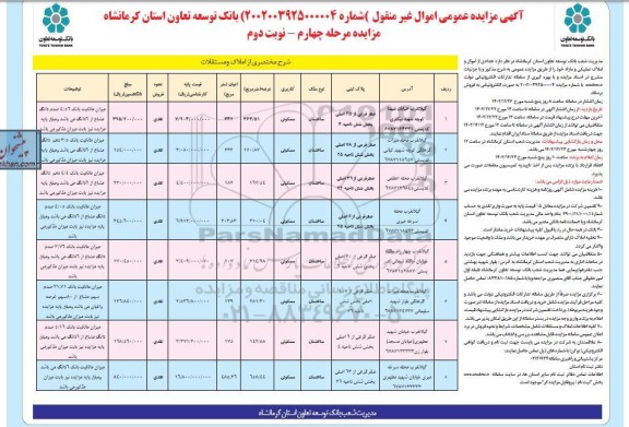 مزایده فروش اموال و املاک تملیکی و مازاد کاربری مسکونی مرحله چهارم نوبت دوم
