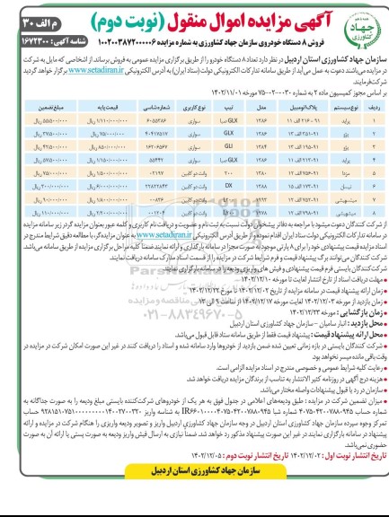 مزایده فروش تعداد 8 دستگاه خودرو شامل پراید، پژو، مزدا، نیسان، میتسوبیشی نوبت دوم