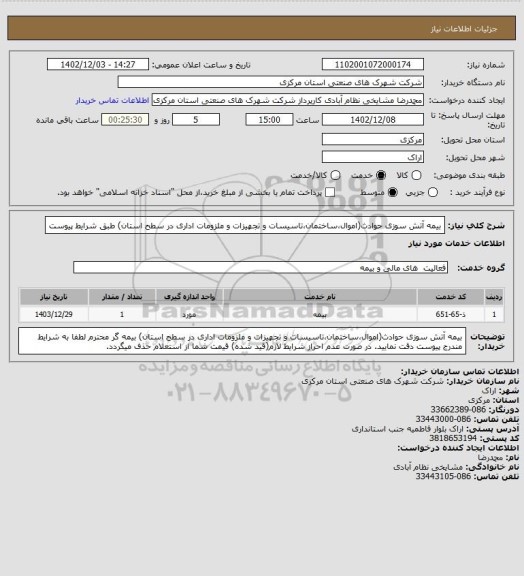 استعلام بیمه آتش سوزی حوادث(اموال،ساختمان،تاسیسات و تجهیزات و ملزومات اداری در سطح استان)
طبق شرایط پیوست