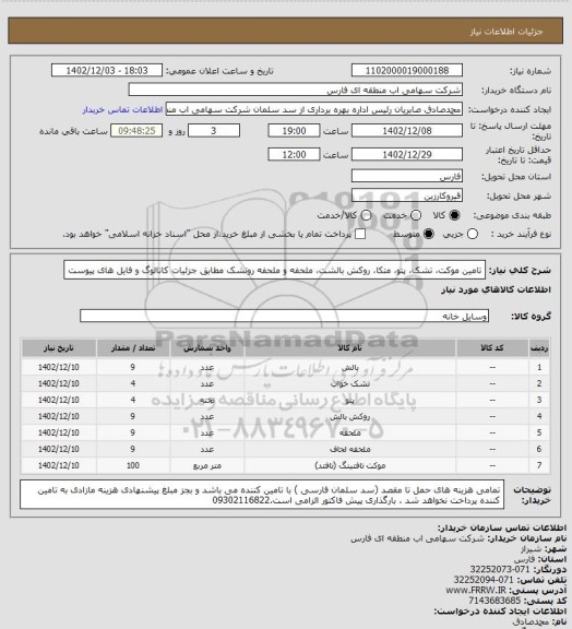 استعلام تامین موکت، تشک، پتو، متکا، روکش بالشت، ملحفه و ملحفه روتشک مطابق جزئیات کاتالوگ و فایل های پیوست