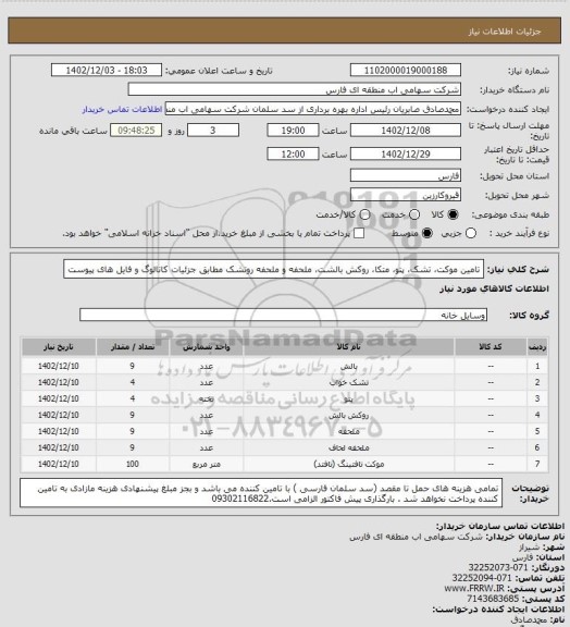 استعلام تامین موکت، تشک، پتو، متکا، روکش بالشت، ملحفه و ملحفه روتشک مطابق جزئیات کاتالوگ و فایل های پیوست