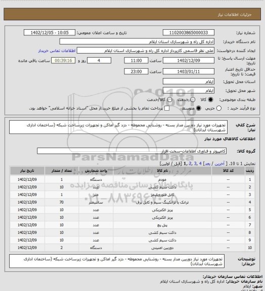 استعلام تجهیزات مورد نیاز دوربین مدار بسته - روشنایی محموطه - دزد گیر اماکن و تجهیزات زیرساخت شبکه (ساختمان اداری شهرستان آبدانان)