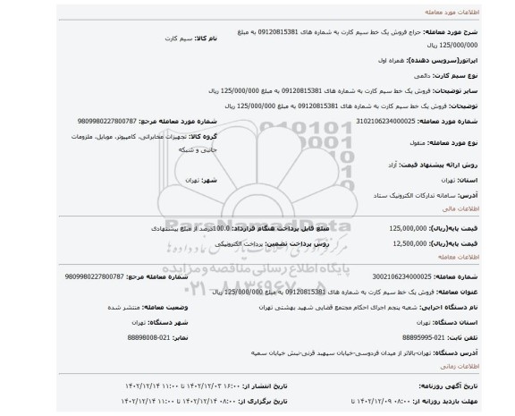 فروش یک خط سیم کارت به شماره های 09120815381 به مبلغ 125/000/000 ریال