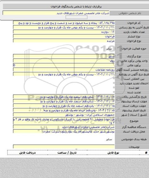 مزایده, فرا خوان عمومی ۲۰ قطعه زمین با کاربری مسکونی و تجاری ناحیه ای واقع در فاز ۳ و ۴ و۱