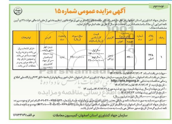 مزایده زمین زراعی نوبت دوم