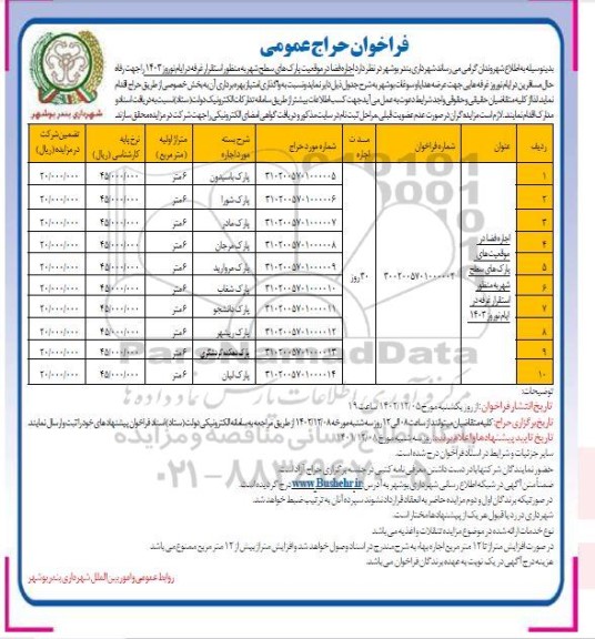 مزایده اجاره فضا در موقعیت پارک های سطح شهر