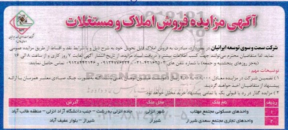 مزایده فروش املاک و مستغلات