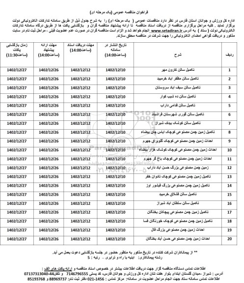 مناقصه تکمیل سالن کارون مهر  و ...