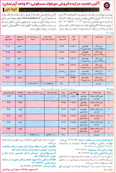 تجدید مزایده فروش دو بلوک مسکونی (12 واحد آپارتمان) نوبت دوم