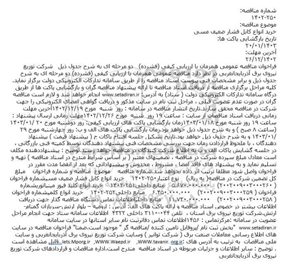 مناقصه خرید انواع کابل فشار ضعیف مسی....