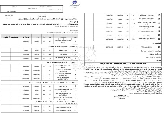 استعلام جهت خرید ملزومات طرح فیبر نوری کابل توت و اجرای فیبر نوری FTTH خیابان