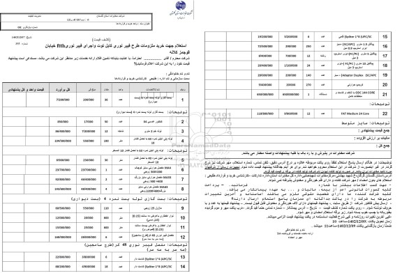 استعلام جهت خرید ملزومات طرح فیبر نوری کابل توت و اجرای فیبر نوری FTTH خیابان  