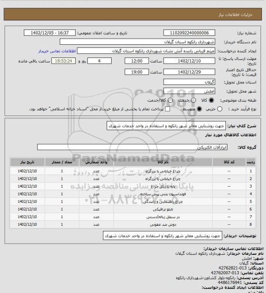 استعلام جهت روشنایی معابر شهر رانکوه و استفاده در واحد خدمات شهری