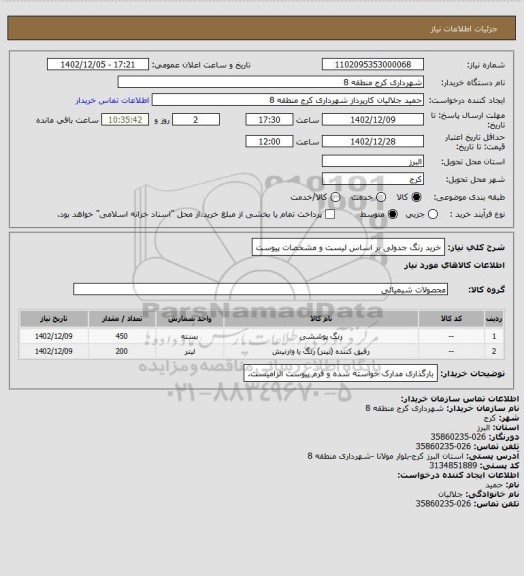 استعلام خرید رنگ جدولی بر اساس لیست و مشخصات پیوست