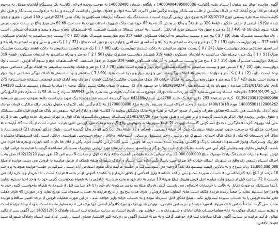 مزایده ششدانگ یک دستگاه آپارتمان مسکونی به پلاک ثبتی 2274 فرعی از 160 اصلی 