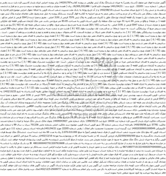 مزایده یک قطعه آپارتمان نوع ملک طلق با کاربری مسکونی به پلاک ثبتی 7570 فرعی از 3191 اصلی 