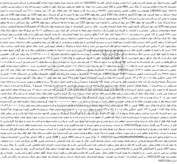 مزایده پلاک ثبتی 4891 فرعی از 182 اصلی بخش سه حومه، یک قطعه مسکونی