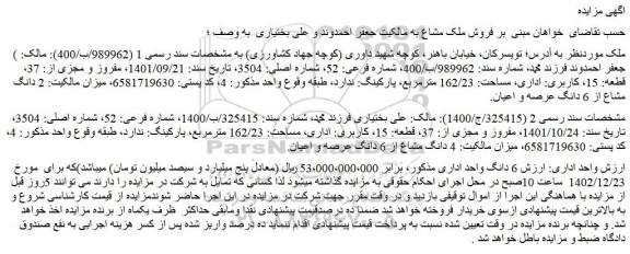 مزایده فروش 6 دانگ واحد اداری