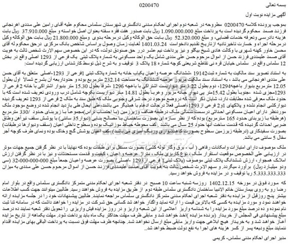 مزایده فروش ششدانگ عرصه واعیان یکباب خانه به شماره پلاک ثبتی 1فرعی از 1293-اصلی