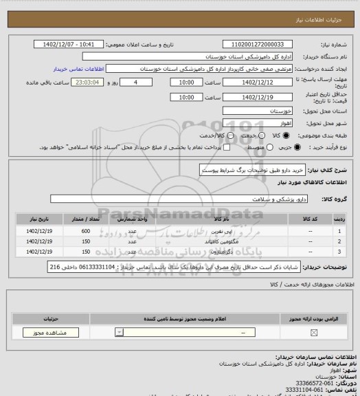 استعلام خرید دارو طبق توضیحات برگ شرایط پیوست