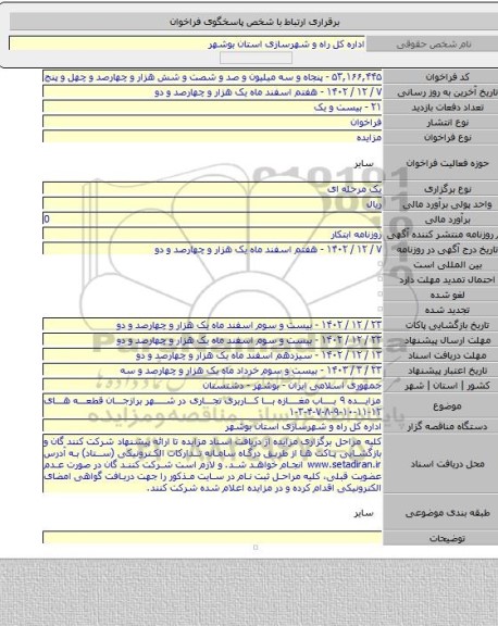 مزایده, مزایده ۹ باب مغازه با کاربری تجاری در شهر برازجان قطعه های ۱۲-۱۱-۱۰-۹-۸-۷-۴-۳-۱