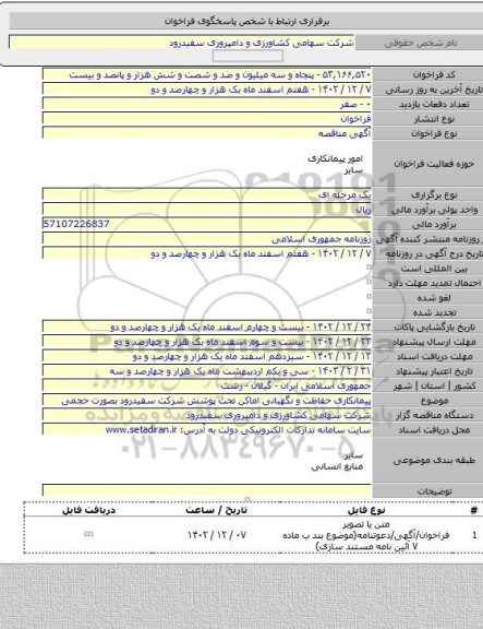 مناقصه, پیمانکاری حفاظت و نگهبانی اماکن تحت پوشش شرکت سفیدرود بصورت حجمی