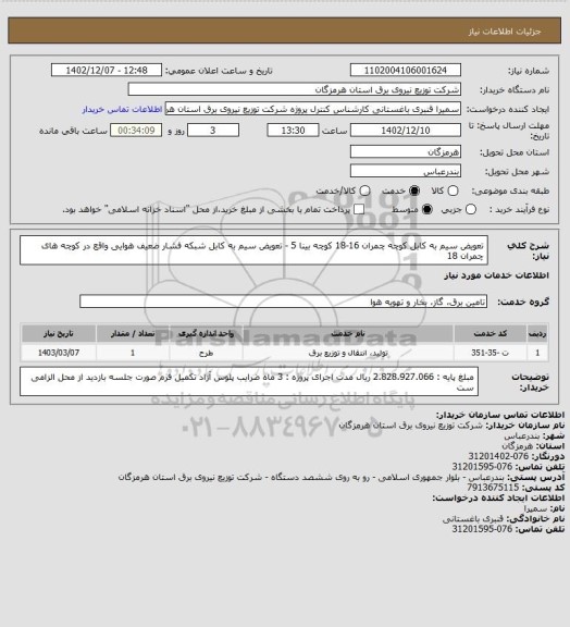 استعلام تعویض سیم به کابل کوچه چمران 16-18 کوچه بینا 5 - تعویض سیم به کابل شبکه فشار ضعیف هوایی واقع در کوچه های چمران 18