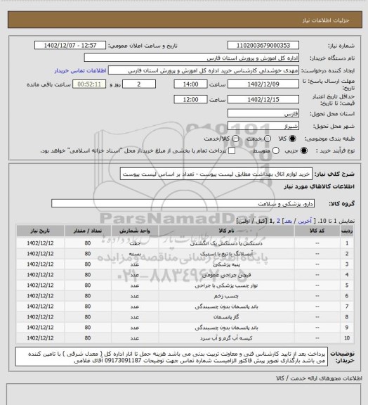 استعلام خرید لوازم اتاق بهداشت مطابق لیست پیوست - تعداد بر اساس لیست پیوست