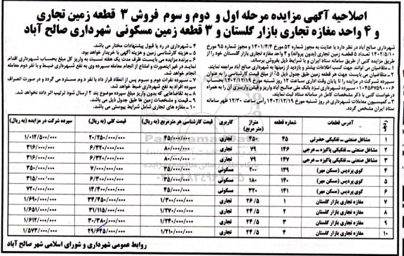 مزایده فروش 3 قطعه زمین تجاری و 4 واحد مغازه تجاری .. مرحله اول و دوم و سوم اصلاحیه