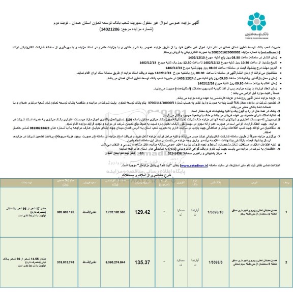 مزایده فروش آپارتمان مسکونی به مساحت 129.42 و 135.37 - نوبت دوم
