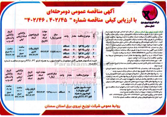 مناقصه خرید انواع ترانسفورماتورهای روغنی کم تلفات و ...